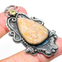 Natural Fossil Coral, Citrine Gemstone 925 Sterling Silver Pendant 2.76  j1P72 beige