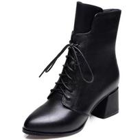 Winter Leather Ankle Boots Warm Plush Fur Thickened Women's Cotton High Heels Pointed Toes Sexy Dance Shoes Front Lace Up 40 black