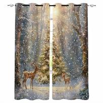 Christmas Snow Scenery Snowflakes Trees Deer Blackout Curtains For Living Room Bedroom Window Treatment Blinds Drapes W135 x H60cm beige