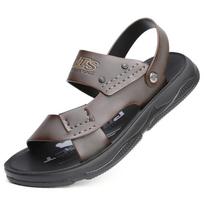 Fashion Summer Non-slip Open-toe Leather Sandals New Sandals and Slippers Men's Genuine Leather Sandals Adult Thick-soled Beach Shoes 38 chaki