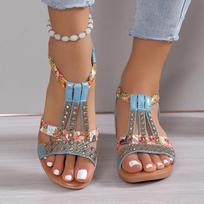 Fashion Women Wedge Sandals Summer  Bohemia Casual High Heels Sandals Fashion Female Peep Toe Rhinestones Outdoor Beach Shoes 35 dangaus mėlyna spalva
