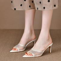 Fashion Summer New Open-toe Pointy Mesh Breathable Rhine-diamond Flip-flops Temperament Stiletto Heels Sandals Women 34 balta