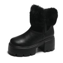 Fashion 8CM Women Winter Platform Fur Stretch Boots Leather Warm Cotton Ankle Shoes Woman 2025 New Trend Plush Motorcycle Botas De Mujer 34 juoda