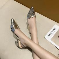 Fashion 2024 Summer New Fashion High Heel Shoes Women Leather Pointed Toed Gold Lady Thick Heeled Sandals Female Wedding Bridal Shoes 35 auksinė