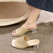 Fashion Women’s Slippers Closed Toe Comfort Fashion Outdoor Sandals Women Transparent Medium Heel Slippers Square Toe Large Size Sandals 35 smėlis