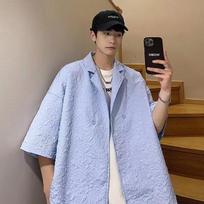 Summer Hong Kong Style Ins Trendy Brand Fashionable Casual Shirt Japanese Retro Short Sleeved Shirt Men'S Jacket M šviesiai mėlyna spalva