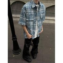 Checkered Retro Shirt Men'S Summer Outfit Hong Kong Style Student Loose And Niche Design Fun New Men'S Top For Outdoor Wear M mėlyna
