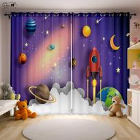 Kosmoso animacinių filmų 3D spausdintos užuolaidos Astronautas Kosmonautas Kosminis laivas Raketos paleidimas Miegamasis Studija Vaikų kambarys Užuolaidos 2 vnt. W50xH130(CM)x2PCS&Grommet Top