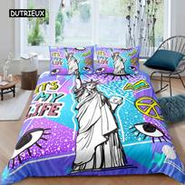 Statue of Liberty Duvet Cover Hip Hop Full Size Peace Sign Love Heart Bedding Set American Eyes Colorful Polyester Quilt Cover EU single(135x200cm) blue
