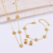 3 vnt. deimantais inkrustuotas dobilas madingas universalus auskarų vėrinys apyrankių rinkinys, geriausia gimtadienio dovana, Valentino dienos dovana necklace+bracelet+earring auksas