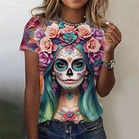3D Spausdinti Seksualūs Merginų Marškinėliai Moterims Siaubo Nesąmoningas Kaukolės Raštas T-shirt Vasaros Laisvalaikio Apvalia Kaklo Viršutiniai Marškinėliai Trumpomis Rankovėmis Laisvi Marškinėliai L gray