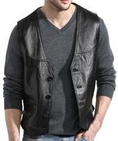 BLACK Vest Coat Waistcoat Button Jacket Men Original Lambskin Leather Western XS juoda