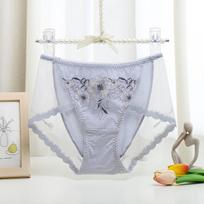 Silk Embroidery Mid Waist Lace Sexy Lingerie Seamless Women's Plus Size Big Red Underwear Women Panties M šviesiai mėlyna spalva