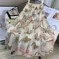 DanmoSequin Mesh Embroidery Dragonfly Long Skirt Women 'S Slim High Waist Pleated Sweet Midi Tulle Skirts L gray