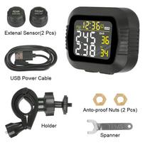 Motorcycle TPMS Temperature Alarm Tire Pressure Monitoring System Wireless With 2 External Sensors LCD Colorful Display Portable