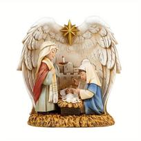 19cm Kalėdinė prakartėlės statulėlė Šventoji Šeima ir Angelas Sargas Sparnai Krikščioniška Kalėdinė prakartėlės figūrėlė Jėzaus istorija 1pcs beige