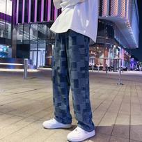 Men's Spring Hong Kong-Style Loose Wide-Leg Jeans with Irregular Square Design 2XL mėlyna