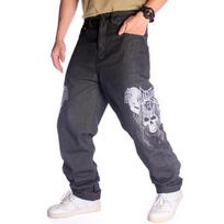 Men's Hip-Hop Street Dance Jeans: Trendy, Embroidered Skull, Straight, Loose, Casual Skateboard Pants, Plus Size Available. 42 juoda