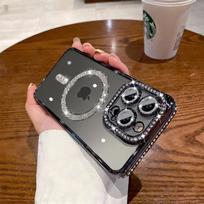 High-grade Glitter Rhinestones Phone Case For iPhone 16 15 11 12 13 14 Pro Max 16 Plus Magsafe Magnetic Clear Lens Protect Cover For iPhone 16 rožinė