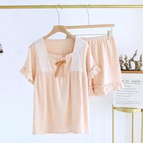 Summer New Women's Pajama Set 100% Cotton Crepe Sweet Lace Lace Short Sleeve Shorts Two Piece Home Set Women M