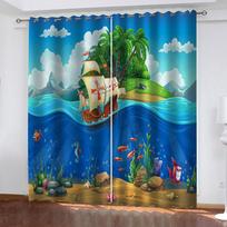 Living Room Curtains 2 Pieces Fashion 3D Island Seascape Printed Polyester Eye Blackout Curtain Fabric Two Panels W70xH160cmx2&Grommet Top