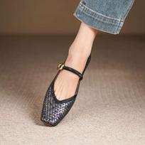 Krazing Pot Cow Skin Summer Spring Autumn Low Heels Women Square Toe Mary Janes Metal Buckle Shallow Pumps 35 juoda