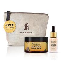 Pilgrim 24K aukso veido rinkinys | Drėgnos stiklinės odos efektas | Veido rinkinys spindinčiai išvaizdai | 24K aukso veido kaukė 50 g | 24K aukso serumas 20 ml beige