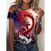 Summer Round Neck 3D Phoenix Dragon Pattern Printed Top Fashionable Casual Short Sleeved Women's T-shirt S