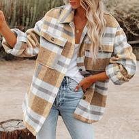 Rudens ir žiemos moteriški languoti flaneliniai tvidiniai marškiniai su sagomis, didesnių dydžių švarkas S chaki
