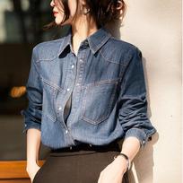 Vintage Hong Kong Style Blue Denim Shirt Women's Spring and Autumn Layering French Top S džinsinio mėlyna spalva
