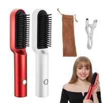 Mini hair straightener USB wireless rechargeable curling double use hair straightener curly hair styling comb raudona