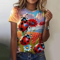 Summer Round Neck 3D Ladybug Printed Top Fashionable Casual Short Sleeved Women's T-shirts S