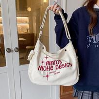 Canvas Bag Female College Student Class Ins Lazy Style Large Capacity One-Shoulder Crossbody Niche Letter Embroidery Tote Bag