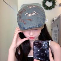 Retro Washed Denim Beret Women's New Big Head Circumference Shows Small Face Forward Hat One Size