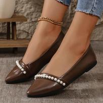 Zapatos planos de mujer con punta fina y suela plelegable, perfectos para cualquier ocasión – Cadena de perlas decorativa 36 ruda