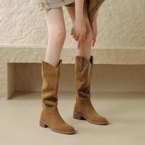 Moteriški kaubojiški batai su klostuotu keliu aukšto džinsinio audinio rudeniniai stambūs aukštakulniai batai moterims su smailia nosimi Western Cowgirl Botas 35 šviesiai ruda spalva