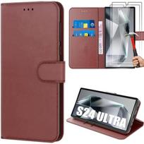 Case for Samsung Galaxy S24 Ultra - Brown - PU Leather - Anti-Scratch - 2 Tempered Glasses - Flexible