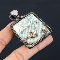 Fish Carving Mother Of Pearl Copper Wire Wrap Pendant 2.36  G3C84