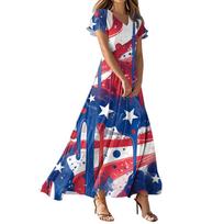Women's Independence Day Flag Print Casual V-Neck Short Sleeve High Waist Dress L mėlyna