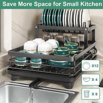 Dish Drying Rack for Kitchen Counter - Large Dish Rack with Drainboard, Adjustable Swivel SpoutRustproof Dish Drainer, Black 2-tier gray