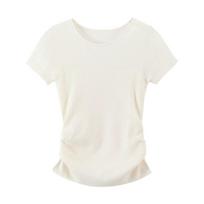 Korean Style Pure Waist-hugging and Pleated Thin Short-sleeved Knitted T-shirt In Summer New Slim Body S white