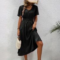 Dress For Women Long Boho Beach Dress Elegant Maxi Dress V-Neck Short Sleeve Dress With Pockets L juoda