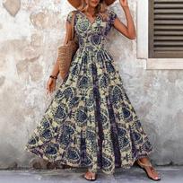 Moteriška suknelė trumpomis rankovėmis V formos iškirpte retro raštuota Madinga elegantiška ilga suknelė L tamsiai mėlyna spalva