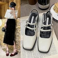 Spring Faux Patent Finish High-heel Shoes With Straps Slingback Fashion Pumps For Women Square Toe Block 35 smėlis