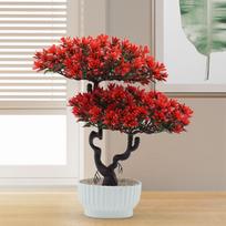 Artificial Bonsai Tree Indoor Faux Plant for Windowsill Living Room Table raudona