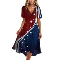 Women's Casual V Neck Short Sleeve Dress with Independence Day Stars and Stripes Print Wrap Style Midi Dress for Summer S tamsiai mėlyna