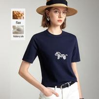 Wudao Women's Pony Embroidery Silk-Linen Blend Round Neck T-Shirt L tamsiai mėlyna spalva