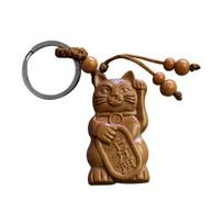 Exotic Wood Carving Lucky Cat Keychain Pendant Hanging Bag Pouch Ornament Gift