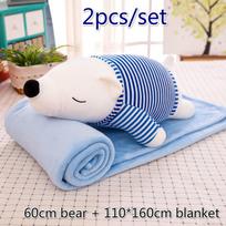 Cute 2pc/set  60cm Bear Soft Stuffed Toy Doll and 110*160cm Blanket Bear doll and blanket mėlyna