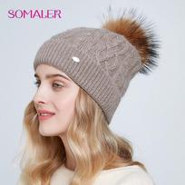 SOMALER moteriškos žieminės šiltos megztos kepurės su kailiu Pomponas Minkštas angoros vilnos rankogaliai Twist Dome Beanie Moteriška vienspalvė kaukolės kepurė kupranugaris